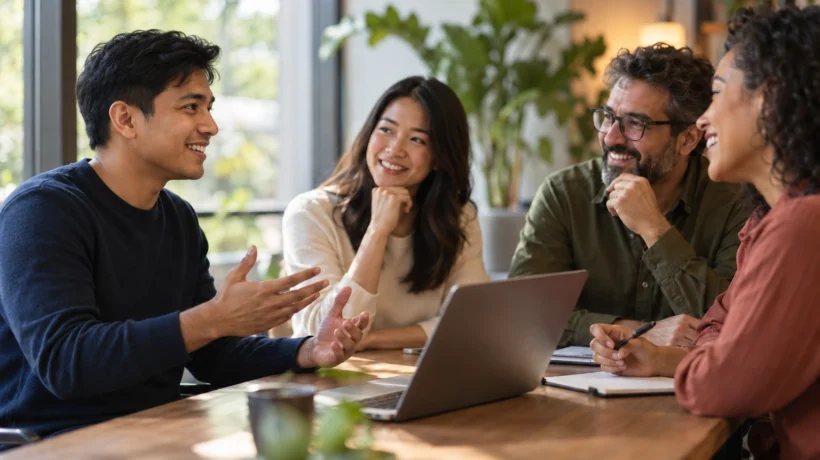 Salesforce developer interview questions discussed by two professionals during interview preparation.