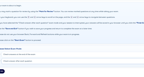 Two different exam mode options are available for each topic or practice exams