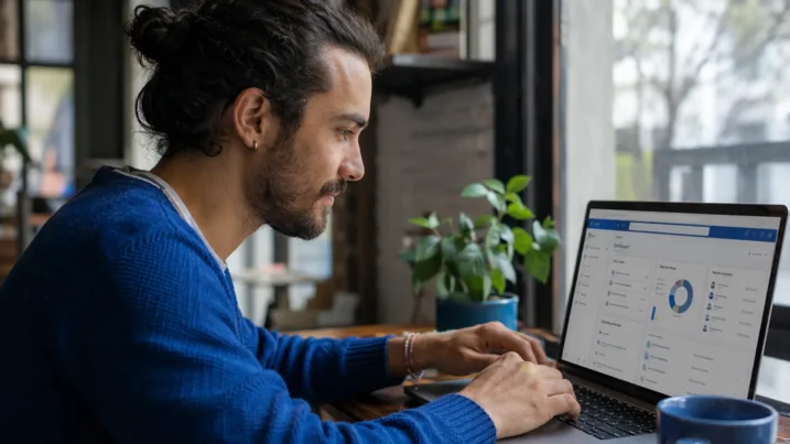 IT professional using Claudeforce on a laptop with a Salesforce-style CRM dashboard in a casual workspace with natural daylight.